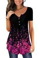 CHICZONE Womens Tunic Tops Plain Pleated V Neck Buttons Up Blouse Floral Printed Ladies Henley T-Shirt