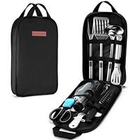 Odoland 14PCS Camping Utensils Set, Outdoor Kitchen Utensil Organizer, Cutting Board, Kitchen Scissors, Slotted Tongs Seasoning Bottle and Case for Backpacking Travel, Black