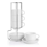 Sweejar Home Porcelain Cappuccino Cups with Saucers and Metal Stand,Stackable Espresso Cups for Specialty Coffee Drinks, Latte, Americano, Tea - Set of 4