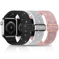 Stretchy Nylon Bling Straps Compatible with Apple Watch Strap 38mm 40mm 41mm 42mm 44mm 45mm 49mm, Adjustable Elastic Sport Solo Loop Women Men Band for iWatch Series Ultra 8 7 6 SE 5 4 3 2 1, 3 Packs