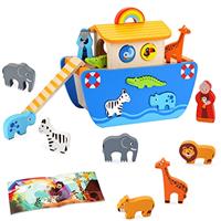 KMTJT Toddlers Wooden Noah's Ark Toy Animal Playset, Baptism Gifts for 2 3 Boys Girls, Shape Sorter Early Learning Montessori Toys with Bible Story Book for 24 Months Babies