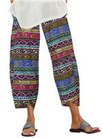 ZANZEA Women's Casual Harem Trousers Summer Boho Retro Print Cotton Cropped Pants Loose Fit Hippie Elasticated Waist with Pockets Lounge Yoga Pants Beach Trousers