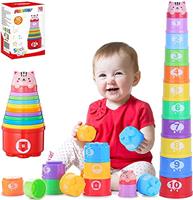 MOONTOY Baby Stacking Cups, Toddler Stacking Toys for 1 Year Old Boy & Girl, Infant Stackable Bath Toys with Numbers, Letters, Patterns, Development Educational Toys Gifts for 1 2 3 Years Old