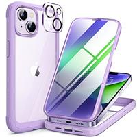 Miracase Glass Series for iPhone 14 Pro Case 6.1 Inch, [Built-in 9H Tempered Glass Screen Protector + Camera Lens Protector] Full Body Rubber Bumper Clear Back Case Cover (Deep Purple)