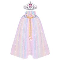 ACWOO Princess Cape for Girls, Colorful Princess Cloak with Crown, Princess Elsa Fancy Dress Up Sparkling Sequins Tulle Princess Cape Set for Halloween Birthday Party Cosplay