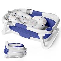 Collapsible Baby Bath Foldable Tub Bathtub Newborn with Seat Support Cushion Stand Folding Baths for Toddler 0-6 12 24 Months Foam Pillow Travel Portable Infant Tubs Soft Bathing Insert Pad Kids