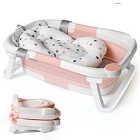 Collapsible Baby Bath Foldable Tub Bathtub Newborn with Seat Support Cushion Stand Folding Baths for Toddler 0-6 12 24 Months Foam Pillow Travel Portable Infant Tubs Soft Bathing Insert Pad Kids