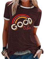 WIEIYM Women's T-Shirts Short Sleeve Round Neck T Shirt Rainbow Graphic Summer Tee Shirts Ladies Casual Tee Tops with Good Vibes Letter Printed S-XXL