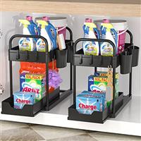 2 Tier Under Sink Storage,Under Sink Organiser with Bottom Sliding Basket Drawer,4 Hooks, 2 Hanging Cup, Handles,Multi-Purpose Under Sink Cabinet Organiser for Bathroom Kitchen Countertop,Black