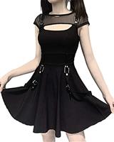 DINGJIUYAN Halloween Dress Gothic Steampunk Black Lolita Sexy Slim Slip Dresses Short Sleeve Hollow Eyelet Lace Prom Dress