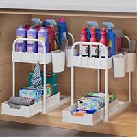 2 Tier Under Sink Storage,Under Sink Organiser with Bottom Sliding Basket Drawer,4 Hooks, 2 Hanging Cup, Handles,Multi-Purpose Under Sink Cabinet Organiser for Bathroom Kitchen Countertop,Black