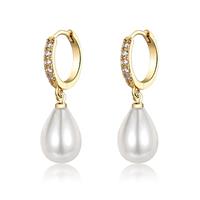 Gold Pearl Earrings for Women, 925 9ct Gold Drop Earrings with Cubic ZirconiaHypoallergenic Teardrop Pearl Drop Dangle EarringJewellery Gift for Women Girls