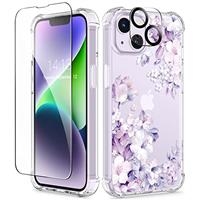 GVIEWIN Compatible with iPhone 14 Case 6.1 Inch 2022, with Tempered Glass Screen Protector+Camera Lens Protector, Flower Clear TPU Slim Bumper Shockproof Protective Soft Phone Cover