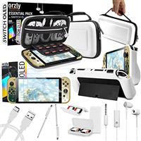 Orzly Accessory Bundle kit for Nintendo Switch Oled Accessories Essentials Pack Case and Screen Protector Comfort Grip Cover Headphones charger cable Games holder and more - Gift boxed OLED Edition