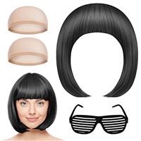AOMIG Short Bob Wig for Women, 4 Pack Blue Set With Sunglass and Cap, Neon Fancy Dress Accessory Cosplay With Bangs, Synthetic Straight for Daily Halloween Party