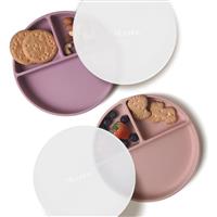 Moonkie Suction Plates for Babies & Toddlers | BPA-Free Silicone Divided Plates with Lid | Microwave and Dishwasher Safe - 2 Pack (Pale Mauve/Blush)