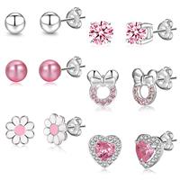 6-8Pairs 925 Sterling Silver Earrings for Girls Women Hypoallergenic Earrings Tiny Heart Hoop Earrings CZ Ball Butterfly Daisy Stud Sets for Teen Kids Toddler Pink Silver