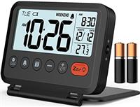 MeesMeek Travel Alarm Clock: 2-Level Backlight, 2 Volumes, 12/24H, Calendar, Temperature, Weekend Mode, Snooze, Folding Cover, Battery Operated Small Digital Clock (AAA Batteries Included)