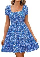 Livonmone Womens Summer Casual Sweetheart Neckline Puff Sleeve Floral Print High Waist Dress Boho Beach Mini Short Dresses