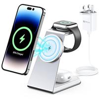 3 in 1 Mag-Safe Wireless Charging Station,Aluminum Alloy Magnetic 15W Fast Charger Stand Compatible with iPhone 16/15/14/13 Series,Apple Watch Series,Airpods 3/2/pro