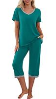 PrinStory Womens Pyjamas Set Short Sleeve T Shirt and Capri Pants Loungewear Sleepwear Pjs Sets with Pockets