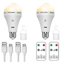 BOBOPAI USB C Rechargeable Light Bulb with Remote Control, 7W Battery Powered Light Bulbs E27 Touch Control Dimmable LED Bulb, Outdoor Camping Emergency Light Bulb with Hook,Warm White Light/2 Pack