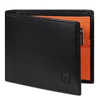TEEHON Wallets Mens RFID Blocking Genuine Leather Mens Wallets with 11 Card Holder, 2 Banknote Compartments, Coin Pocket, ID Window, Minimalist Wallets for Men UK with Gift Box - Black & Orange