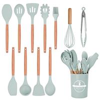 FIOUSY Kitchen Utensil Set, 12 PCS Silicone Cooking Utensils Set with Wooden Handle, Heat Resistant, Nonstick Cookware Tongs Spatula Spoon Set, Dishwasher Safe, Best Kitchen Tools (Black)