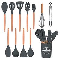 FIOUSY Kitchen Utensil Set, 12 PCS Silicone Cooking Utensils Set with Wooden Handle, Heat Resistant, Nonstick Cookware Tongs Spatula Spoon Set, Dishwasher Safe, Best Kitchen Tools (Black)