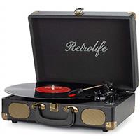 Retrolife Vinyl Record Player 3-Speed Bluetooth Suitcase Portable Belt-Driven Record Player with Built-in Speakers RCA Line Out AUX in Headphone Jack Vintage Turntable