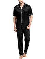SWOMOG Mens Silk Satin Pyjama Set Short Sleeve Button Down Shirt with Long Pants Silky Pjs Notch Collar Loungewear