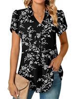 Aodemo Women Summer Dressy Collared V Neck Chiffon Pleated Blouse Short Sleeve Tunic Tops Casual T-Shirts