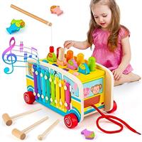 Sundaymot Wooden Montessori Toys, 4-in-1 Whack a Mole Game Educational Toys, Montessori Toys for 3 Year Olds, Fine Motor Skills Toys for 3 4 5 6 Year Old Boys and Girls - Bus Version
