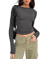 LACOZY Women's Slim Fit Going Out Crop Tops Casual Solid Color Crew Neck Long Sleeve Tight Tee Shirt Basic Streetwear