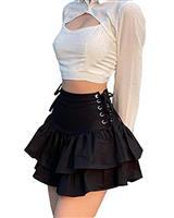 DINGJIUYAN Goth Aesthetic Black Pleated Skirt Vintage Ruffle Mini Skirts Streetwear High Waist Eyelet Bandage Summer Skirts