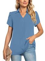 POPYOUNG Ladies Tops Chiffon Blouse Business Tunic Petal Short Sleeve Office Shirts for Work