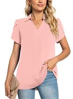 POPYOUNG Ladies Tops Chiffon Blouse Business Tunic Petal Short Sleeve Office Shirts for Work