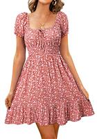 Livonmone Womens Summer Casual Sweetheart Neckline Puff Sleeve Floral Print High Waist Dress Boho Beach Mini Short Dresses