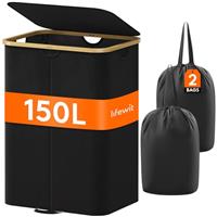 Lifewit Laundry Basket with Lid, Clothes Hampers for Laundry with Bamboo Handles and A Removable Laundry Bag, Large Foldable Laundry Hamper for Bedroom, Bathroom, Dorm, Laundry Room