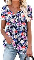 Aodemo Womens Summer Casual Tops Henley Short Sleeve Shirts Loose Fit Tunic Ladies Flowy Blouse