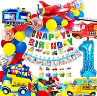 iZoeL Birthday Decoration for boys Happy Birthday Banner Cars School Bus Train Fire Truck Motorcycle Plane Balloons Transport Vehicles Cake Topper Kids 1st 2nd 3rd 4th 5th