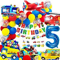 iZoeL Birthday Decoration for boys Happy Birthday Banner Cars School Bus Train Fire Truck Motorcycle Plane Balloons Transport Vehicles Cake Topper Kids 1st 2nd 3rd 4th 5th