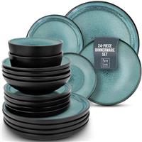 24 Piece Dinner Sets for 6 People - Beautiful Mediterranean Style Stoneware Dinner Set for 6 - Dishwasher & Microwave Safe Plates and Bowls Set for 6 - Dinnerware Sets by Pure Living in Deep Blue