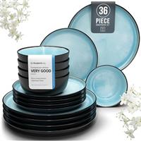 24 Piece Dinner Sets for 6 People - Beautiful Mediterranean Style Stoneware Dinner Set for 6 - Dishwasher & Microwave Safe Plates and Bowls Set for 6 - Dinnerware Sets by Pure Living in Deep Blue