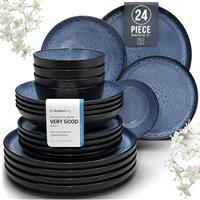 24 Piece Dinner Sets for 6 People - Beautiful Mediterranean Style Stoneware Dinner Set for 6 - Dishwasher & Microwave Safe Plates and Bowls Set for 6 - Dinnerware Sets by Pure Living in Deep Blue