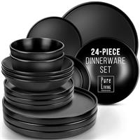 24 Piece Black Dinner Sets for 6 People - Cool Urban Style Stoneware Dinner Set for 6 - Dishwasher & Microwave Safe Plates and Bowls Set for 6 - Dinnerware Sets by Pure Living in Matte Black