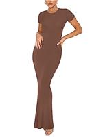 REORIA Women's Summer Casual Lounge Long Dress Elegant Short Sleeve Crew Neck Bodycon Maxi Dresses