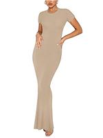 REORIA Women's Summer Casual Lounge Long Dress Elegant Short Sleeve Crew Neck Bodycon Maxi Dresses