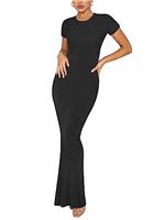REORIA Women's Summer Casual Lounge Long Dress Elegant Short Sleeve Crew Neck Bodycon Maxi Dresses