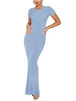 REORIA Women's Summer Casual Lounge Long Dress Elegant Short Sleeve Crew Neck Bodycon Maxi Dresses